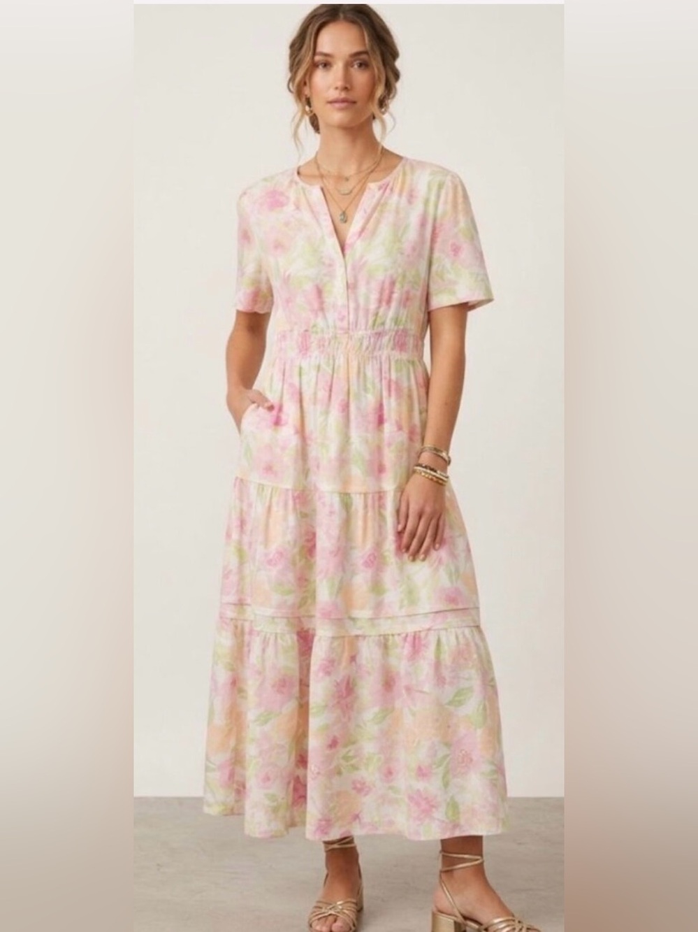 BNWT CASA CABANA Floral Tiered Maxi Dress Linen Blend Sz L Coastal Boho Summer